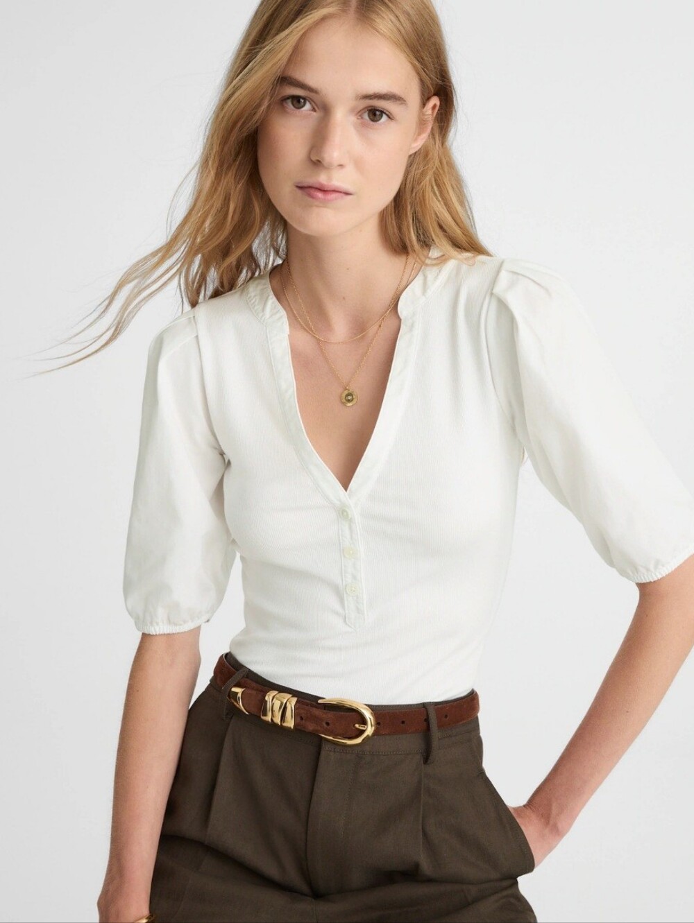 Madewell White V-Neck Puff-Sleeve Popover